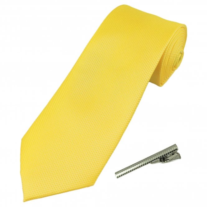 Plain Bright Yellow Textured Men's Tie with Tie Clip