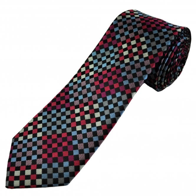 Tresanti Celeste Black And Multi Coloured Diamond Checked Pattern Mens Silk Designer Tie From